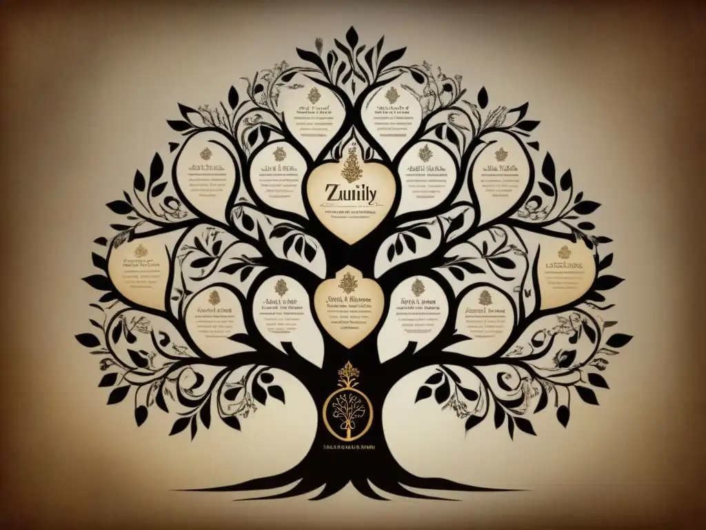 Un árbol genealógico vintage de la familia Zubizarreta, con detalles históricos y elegante caligrafía