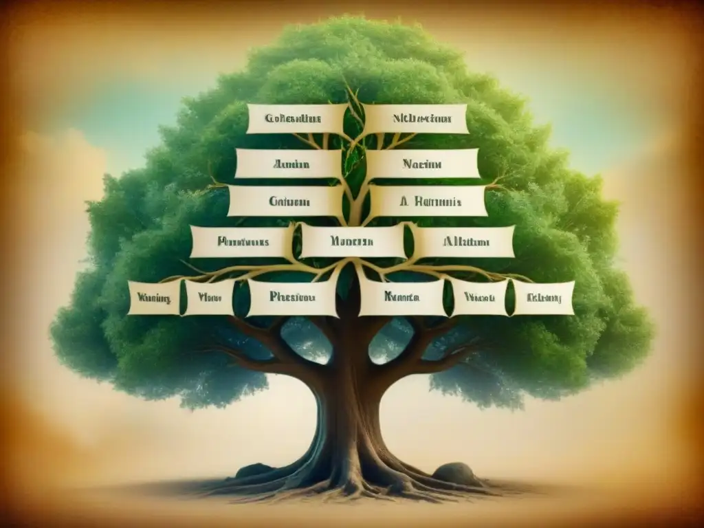 Un árbol genealógico vintage de la familia Espinoza, con ramas entrelazadas y nombres en caligrafía sobre pergamino envejecido