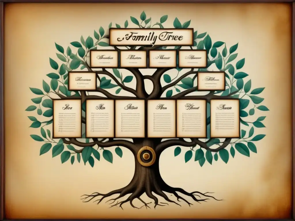 Un árbol genealógico vintage de familias entrelazadas, con nombres comenzando por 'A' en pergamino envejecido, evocando historia y legado