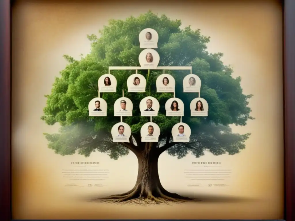 Un árbol genealógico vintage con fotos familiares que se entrelazan, mostrando pruebas de ADN genealogía familiar