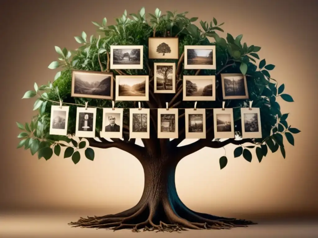 Un árbol genealógico vintage con fotos de ancestros hispanos y apellidos