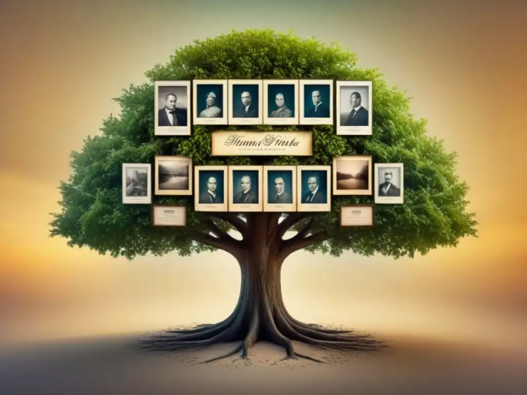 Árbol genealógico vintage: raíces familiares en marcos antiguos Árbol genealógico vintage con fotos de ancestros en marcos ornamentados