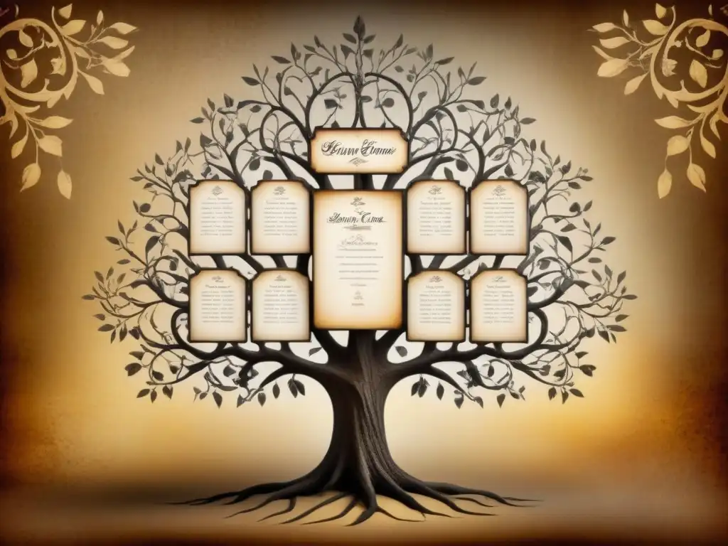 Un árbol genealógico vintage con historia de apellidos y genealogía en detalles de caligrafía ornamentada en tonos sepia