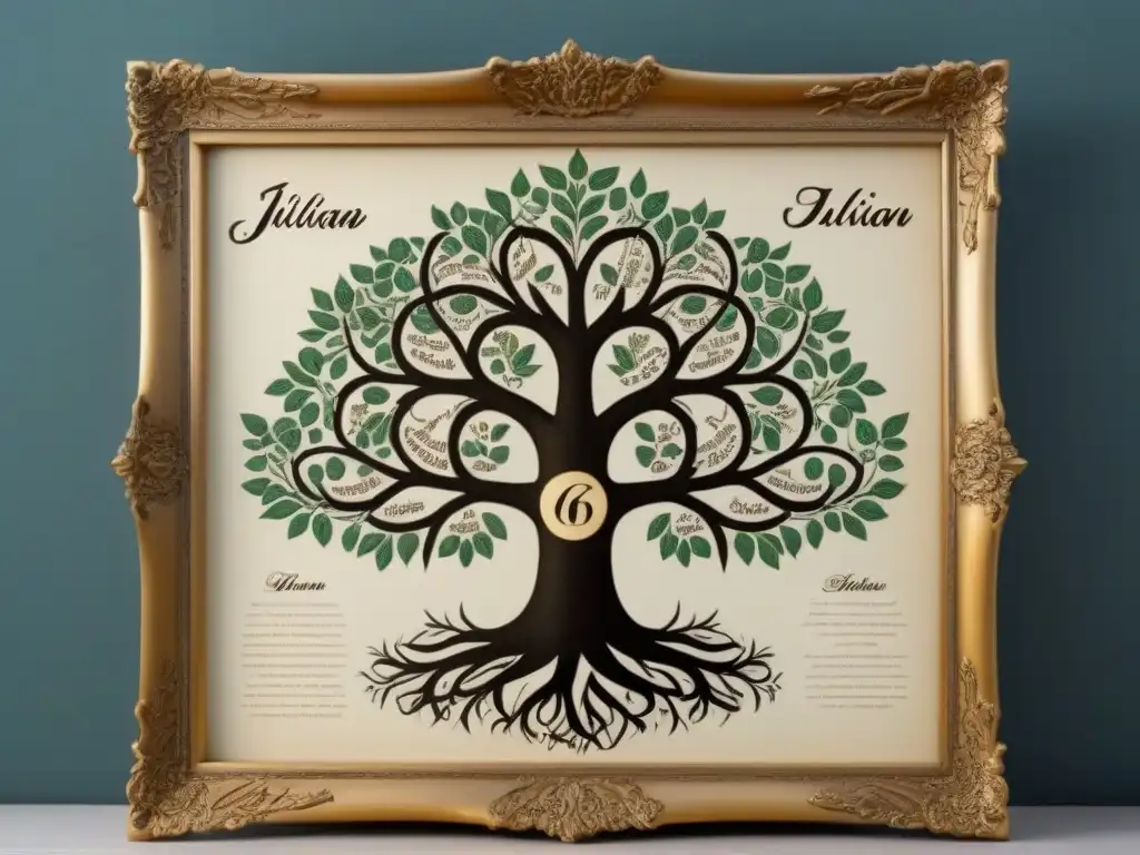 Un árbol genealógico vintage ilustrando la historia del apellido Julián con detallada caligrafía en un elegante marco dorado