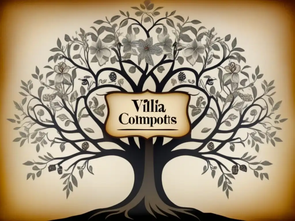 Un árbol genealógico vintage con historia de apellidos Vázquez, Velázquez y Villa en elegante caligrafía y tonos sepia