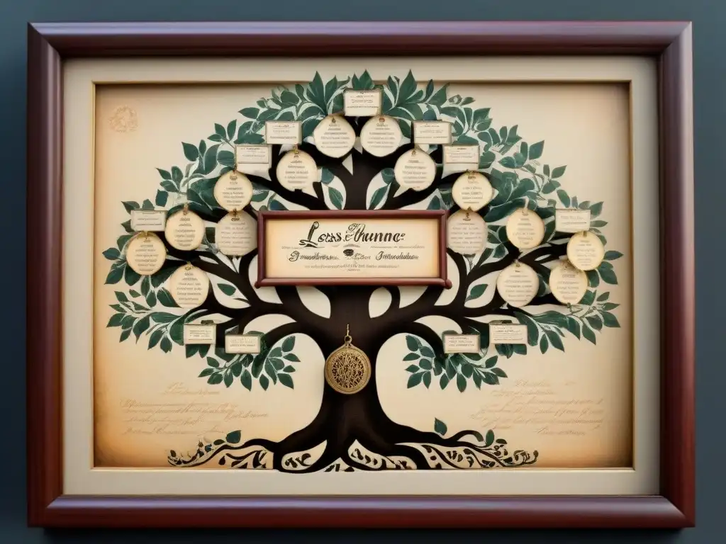 Un árbol genealógico vintage con historias de apellidos nobiliarios menos conocidos en caligrafía intricada y sellos de cera