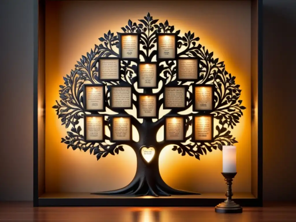 Un árbol genealógico vintage iluminado por velas, con nombres de ancestros en caligrafía ornamental