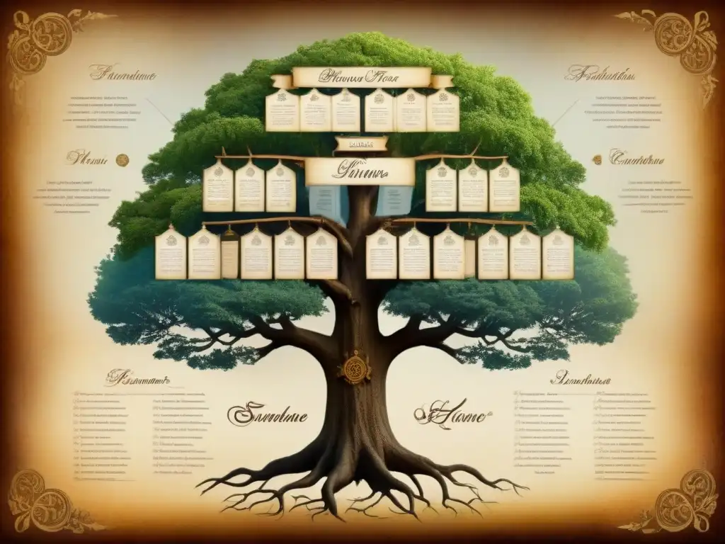 Un árbol genealógico vintage detalladamente ilustrado, mostrando la evolución de apellidos a través de generaciones, con ramas representando distintos apellidos y sus orígenes históricos