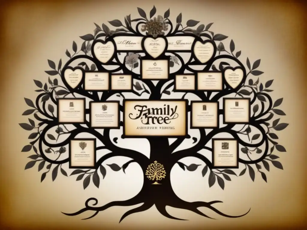 Un árbol genealógico vintage con intrincada caligrafía y nombres de familia variados, rodeado de tonos sepia y detalles florales, evocando historias de apellidos y linajes