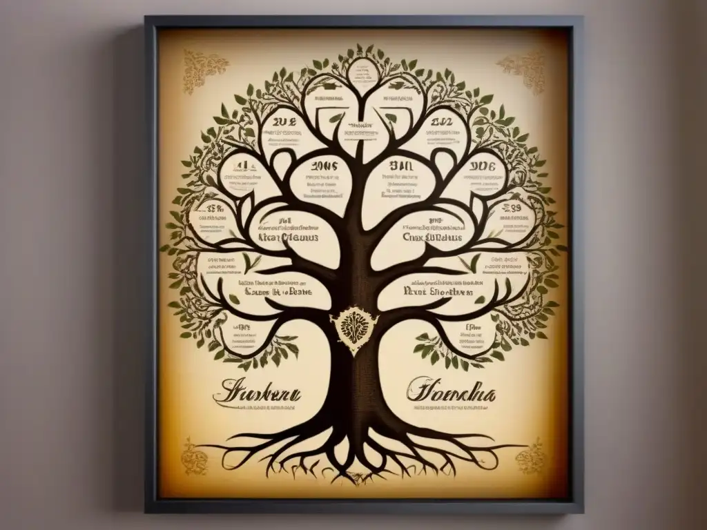 Un árbol genealógico vintage intrincado con tonos sepia desgastados, mostrando generaciones de nombres y fechas interconectados en caligrafía elegante