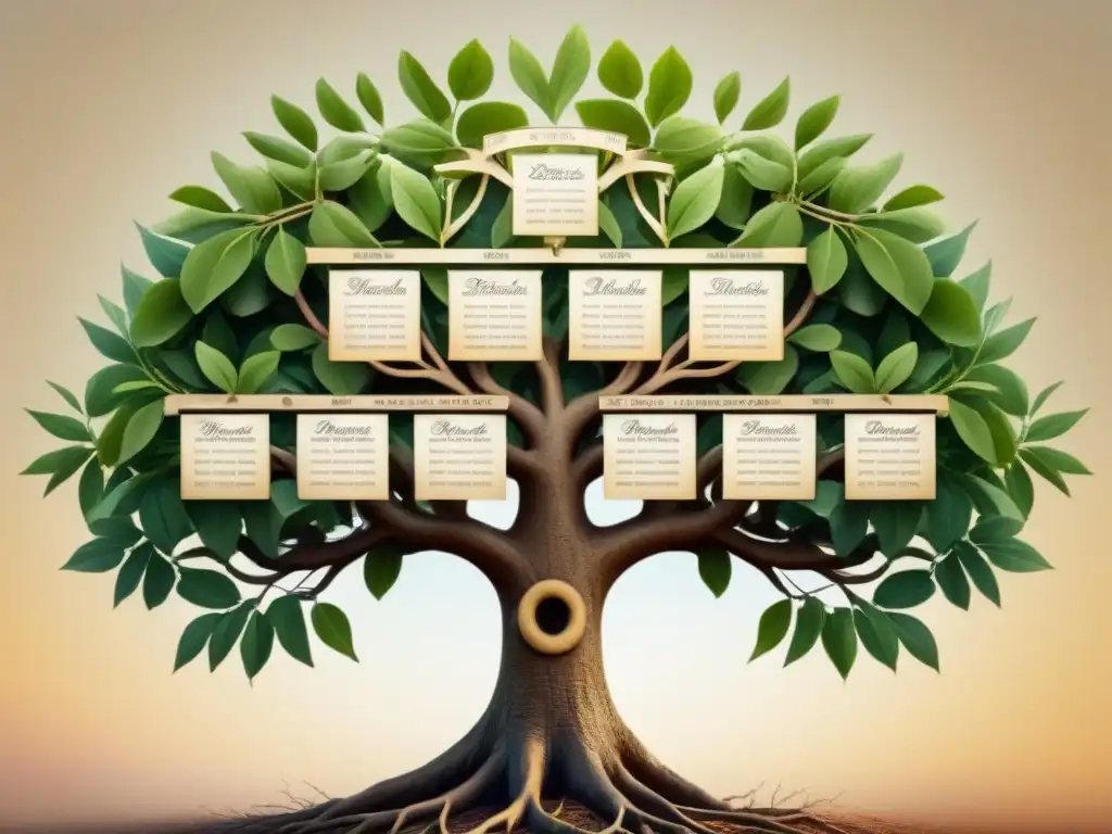 Un árbol genealógico vintage intrincado mostrando la transformación del significado de apellidos a lo largo de las generaciones