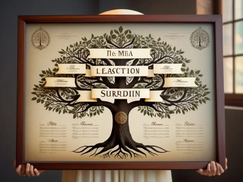 Árbol genealógico vintage: historia de apellidos Un árbol genealógico vintage intrincado con apellidos entrelazados y ramas delicadas, simbolizando cambios fonéticos en apellidos genealógicos