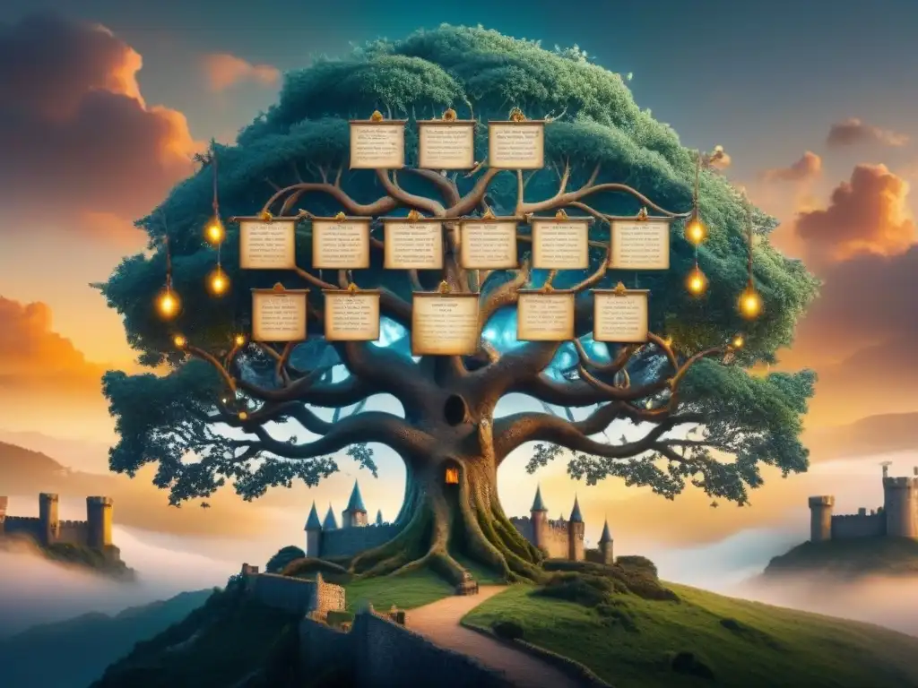 Un árbol genealógico vintage intrincado con criaturas místicas y símbolos legendarios, fusionando orígenes ancestrales y cuentos míticos