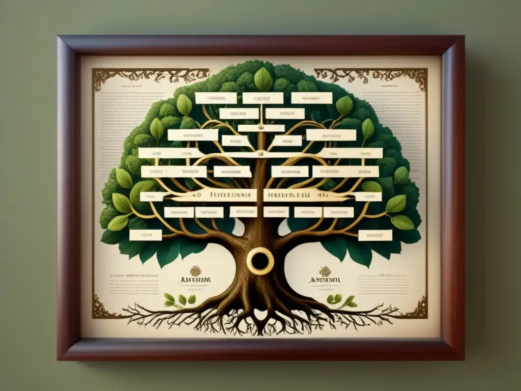 Un árbol genealógico vintage intrincado fusionando tradición con inteligencia artificial en un marco antiguo