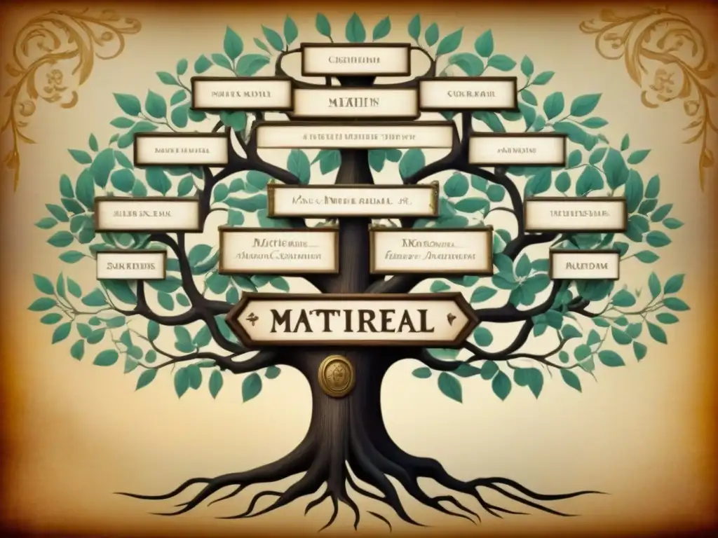 Árbol genealógico vintage de linajes matrilineales con caligrafía detallada y motivos florales