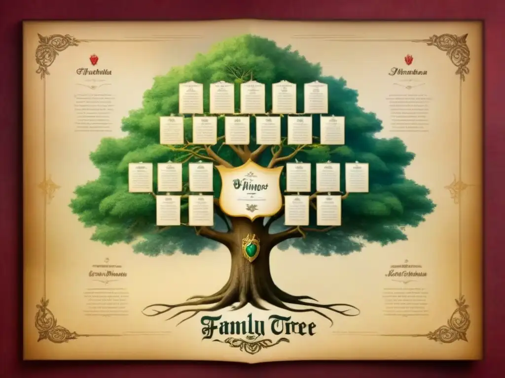 Un árbol genealógico vintage de una noble familia con caligrafía y escudos de armas, sobre pergamino envejecido