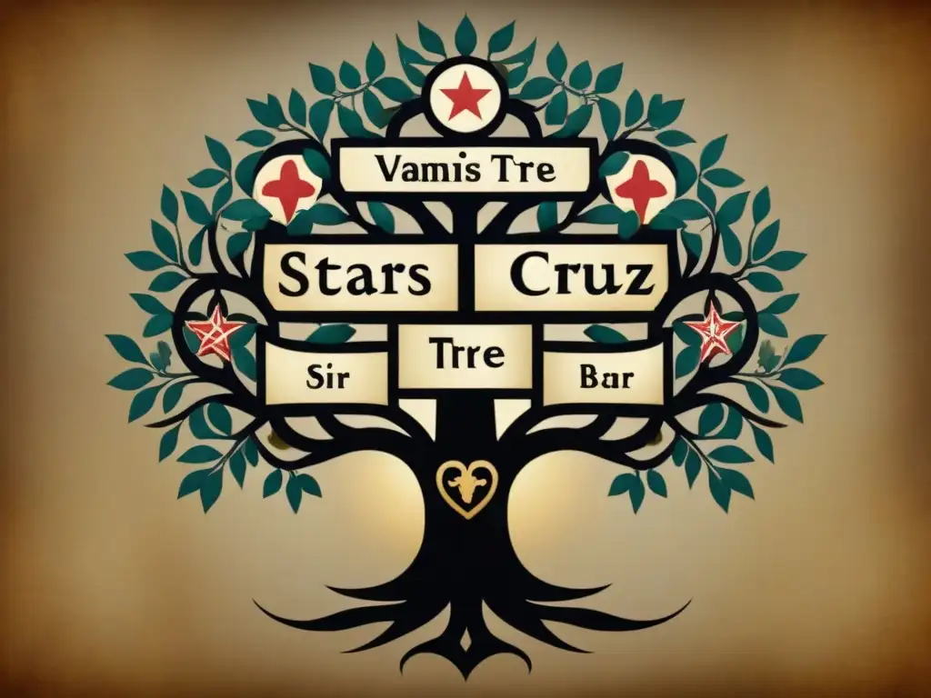 Un árbol genealógico vintage con nombres religiosos como 'Cruz', 'Khan', 'Levy' y 'Singh' entrelazados en caligrafía ornamental y símbolos religiosos