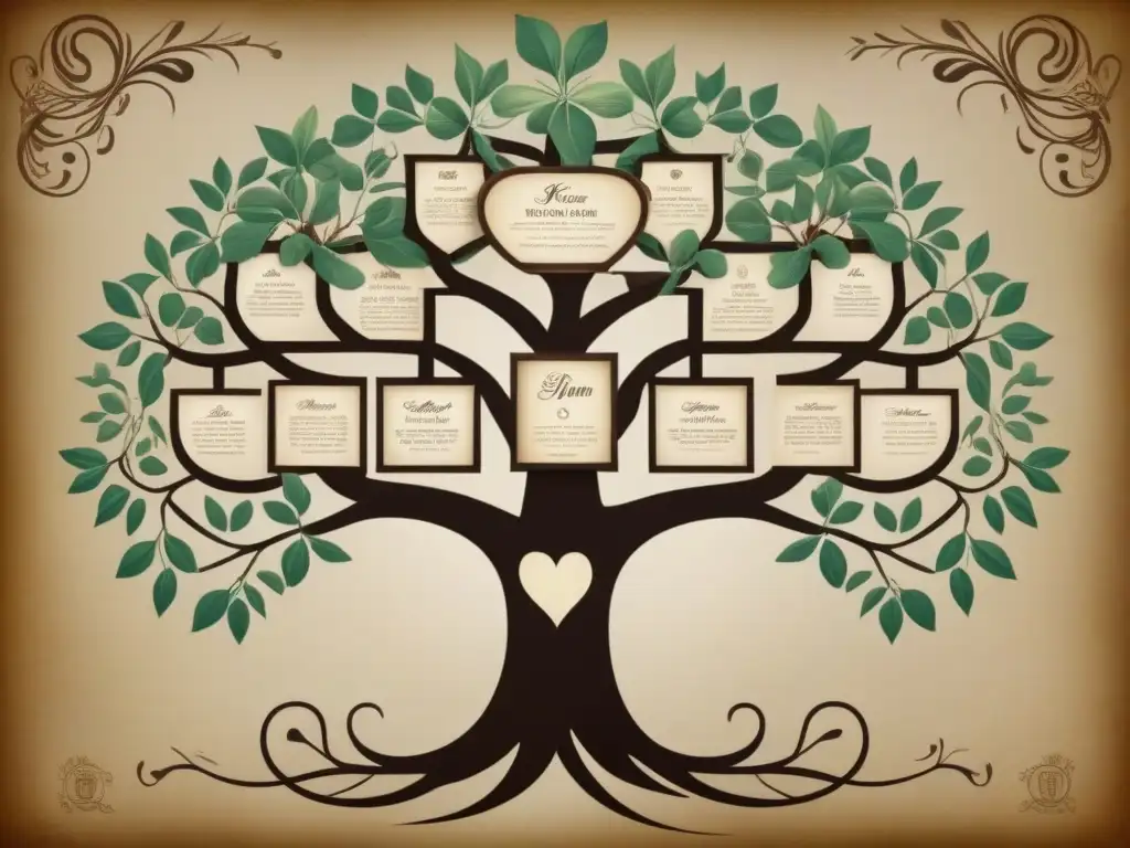 Un árbol genealógico vintage con nombres, apellidos, supersticiones y creencias ancestrales entrelazados en una ilustración detallada