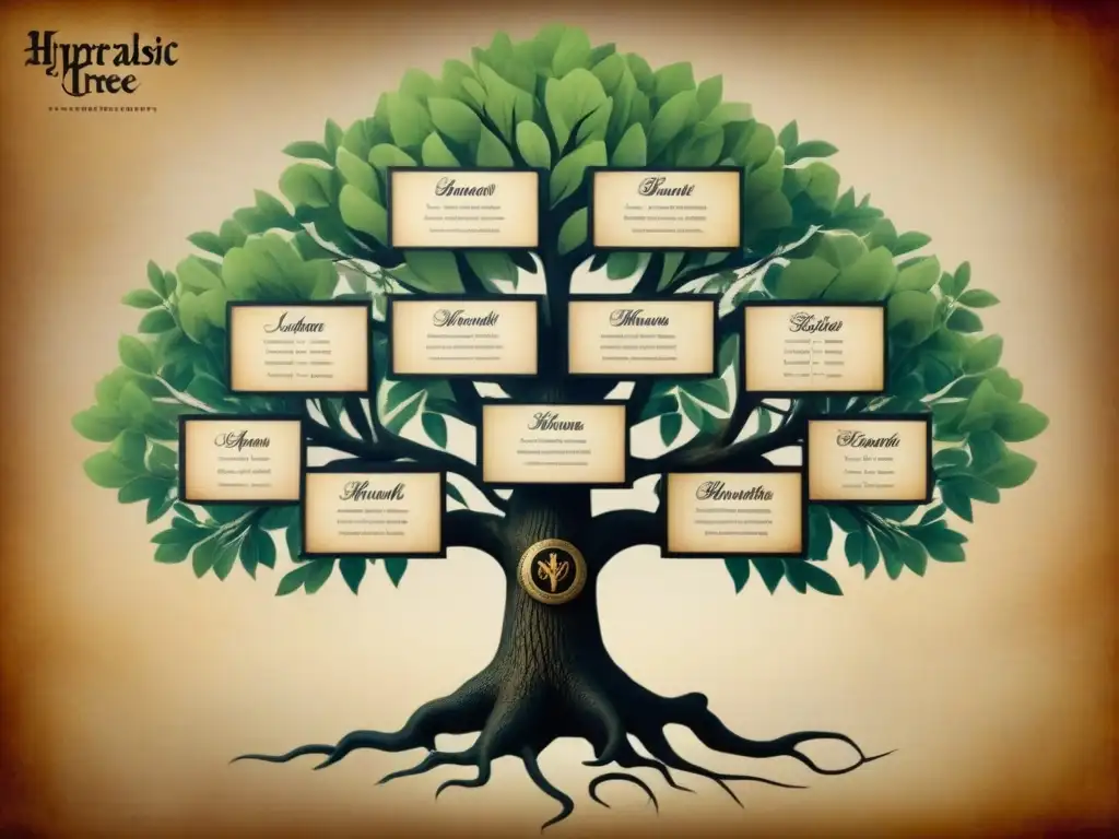 Árbol genealógico vintage con nombres de batallas históricas entrelazados con apellidos, sobre pergamino envejecido