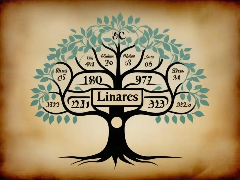 Árbol genealógico vintage de la familia Linares: noble herencia Un árbol genealógico vintage del origen del apellido Linares, detallado en pergamino envejecido con elegante caligrafía