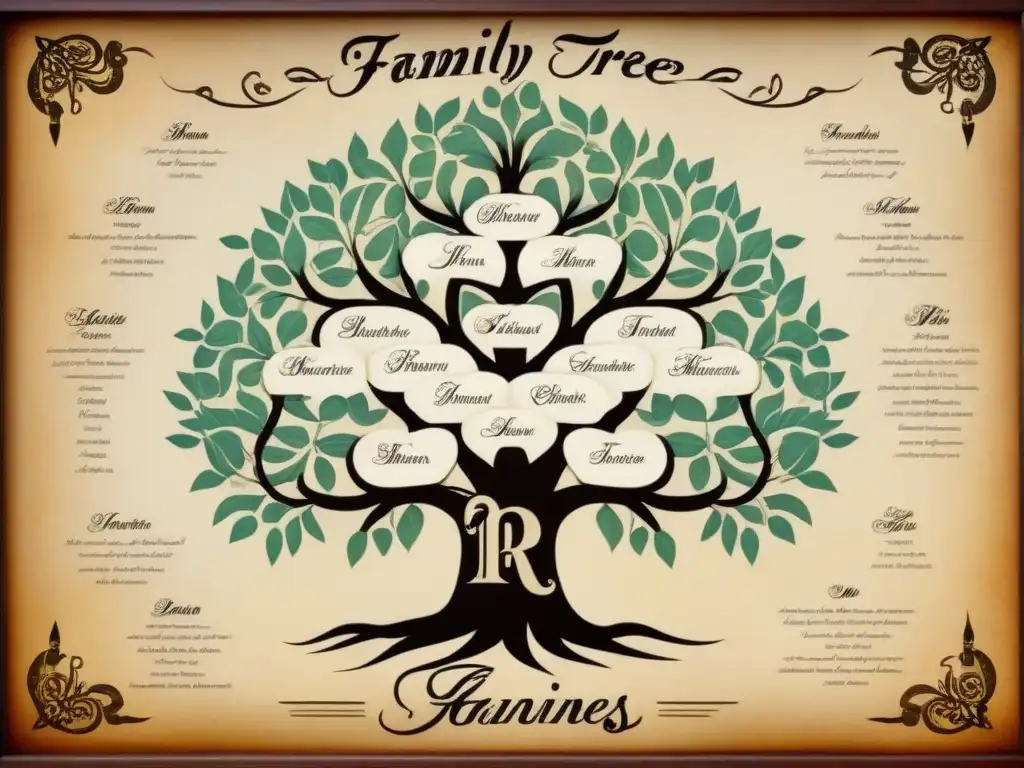 Árbol genealógico vintage detallando orígenes de apellidos con la letra 'R'