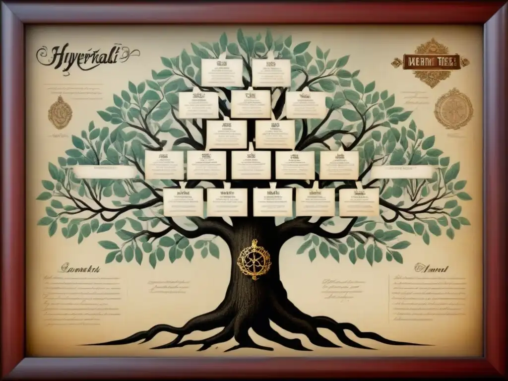 Árbol genealógico vintage en pergamino con fotografías antiguas y mapas de origen ancestral