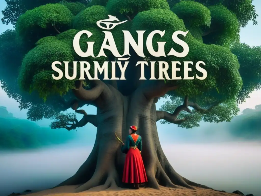 Un árbol genealógico vintage con raíces en el Ganges y ramas hacia la selva amazónica