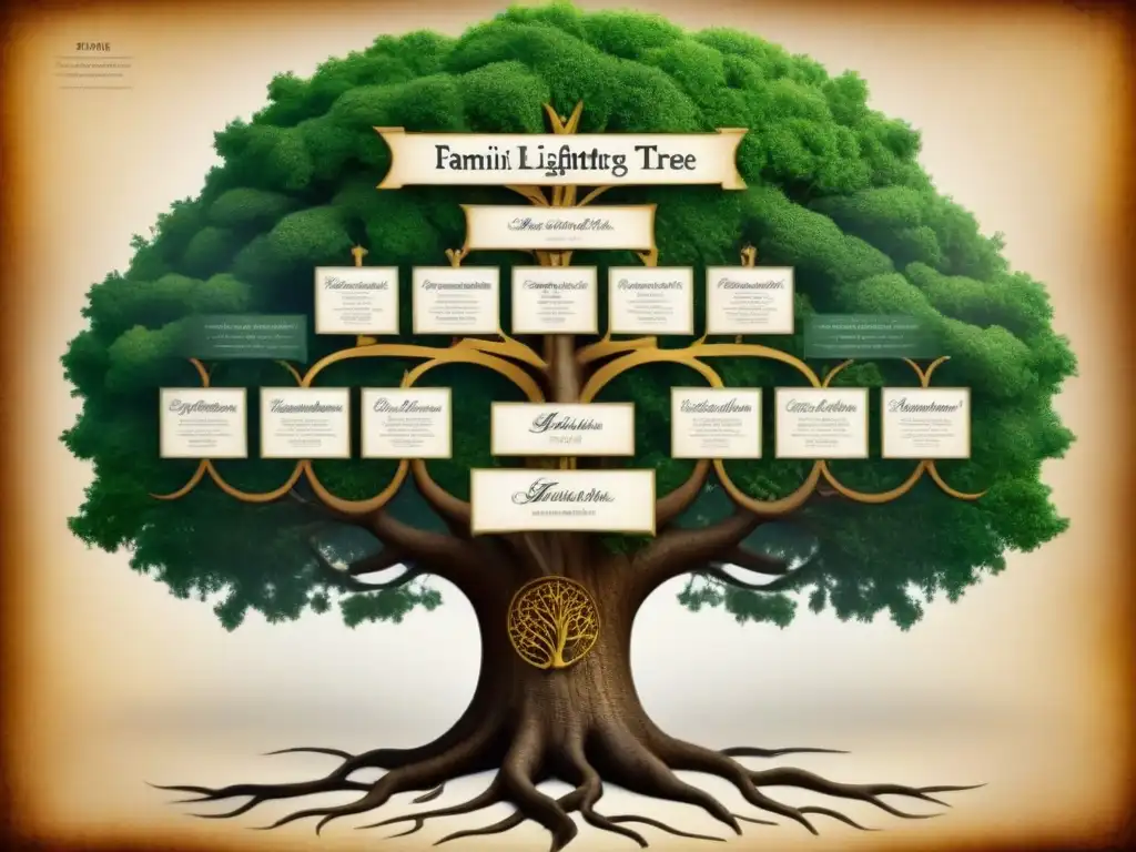 Un árbol genealógico vintage con raíces y ramas en diferentes idiomas B: Origen apellidos idiomas B