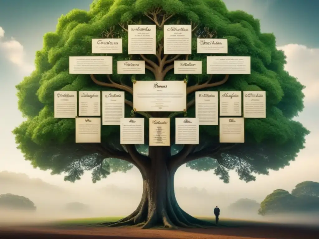 Un árbol genealógico vintage con ramas que se extienden en todas direcciones, mostrando apellidos variados que comienzan con la letra 'M'