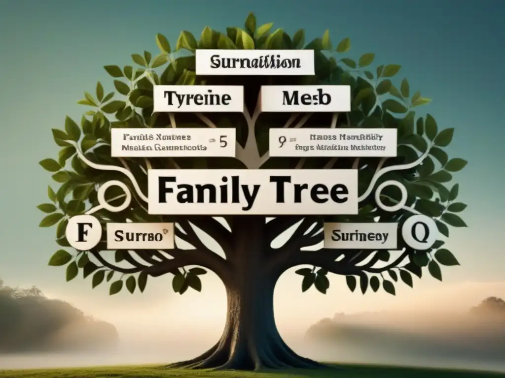 Intrincado árbol genealógico vintage: conexiones sorprendentes entre apellidos a lo largo de generaciones Un árbol genealógico vintage con ramas entrelazadas, representando el origen y evolución de apellidos a lo largo de generaciones