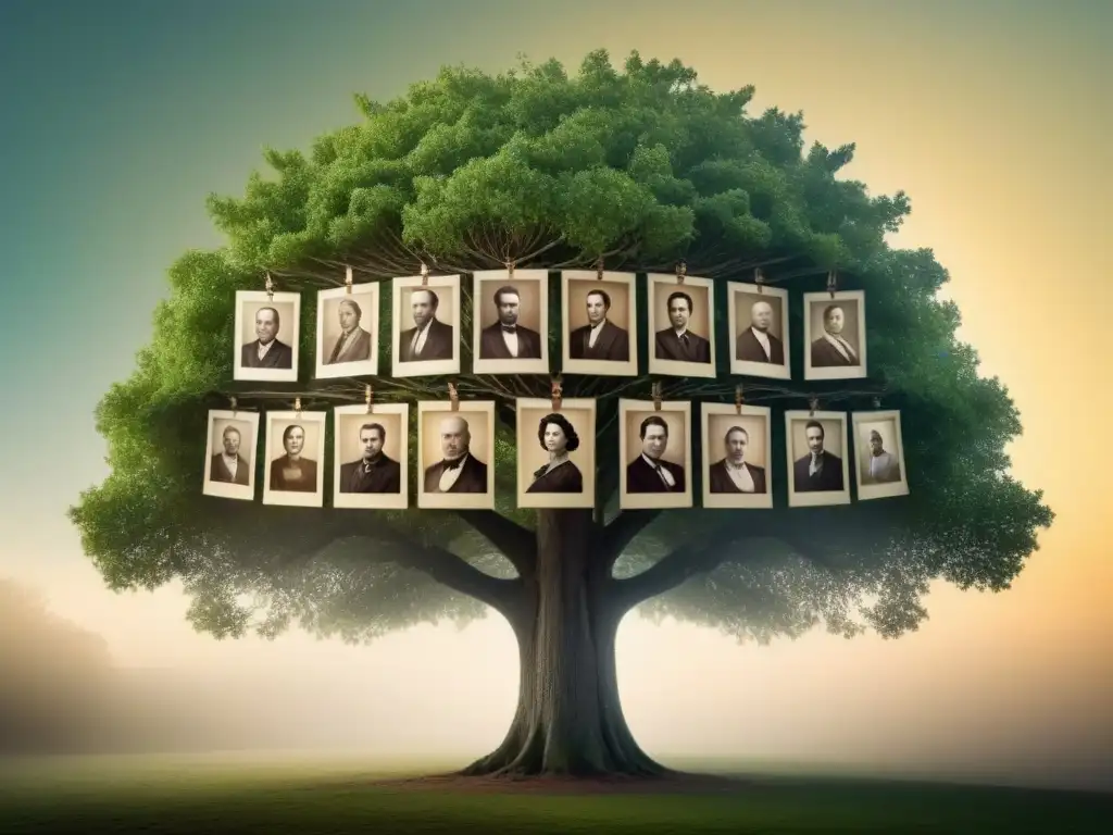 Un árbol genealógico vintage con ramas entrelazadas, generaciones diversas y fotos antiguas, destacando conexiones genéticas familiares sorprendentes