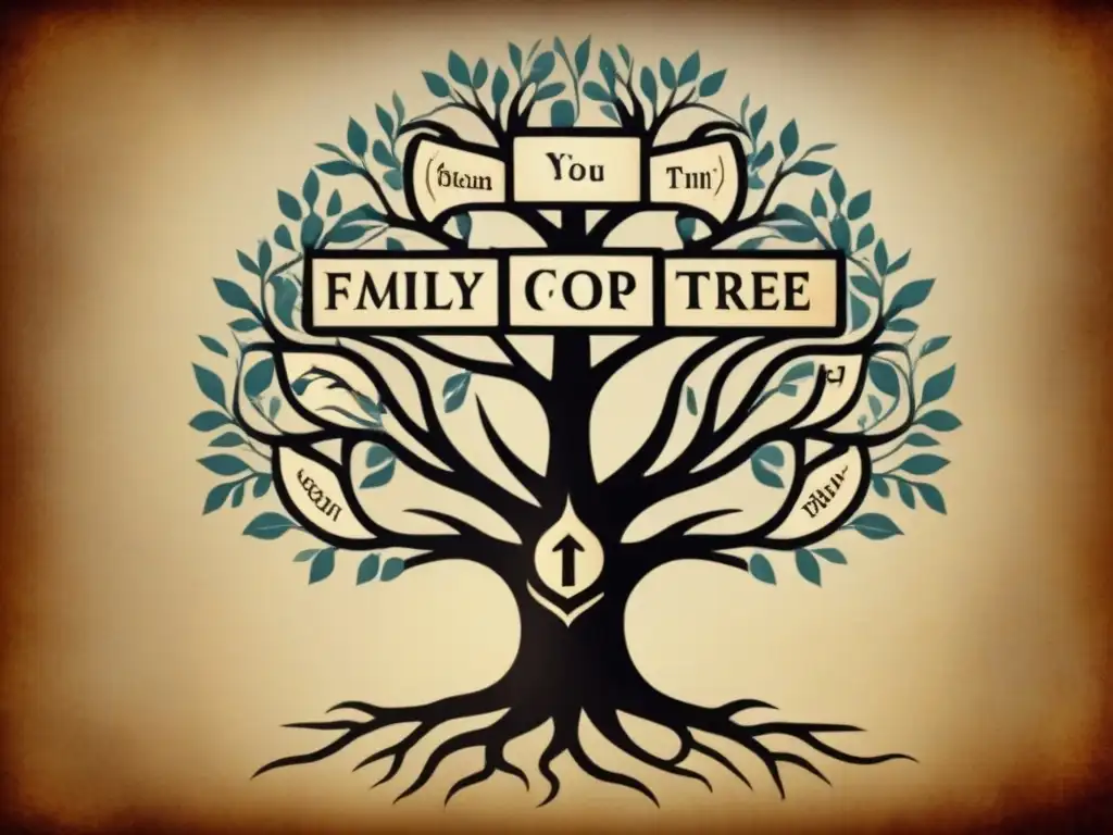 Un árbol genealógico vintage con talentos ancestrales y habilidades especiales entrelazadas en cada rama
