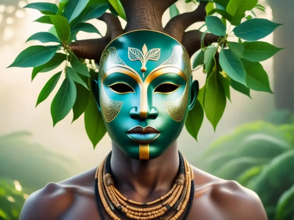 Un árbol sagrado con raíces que se convierten en máscaras ancestrales africanas, representando deidades