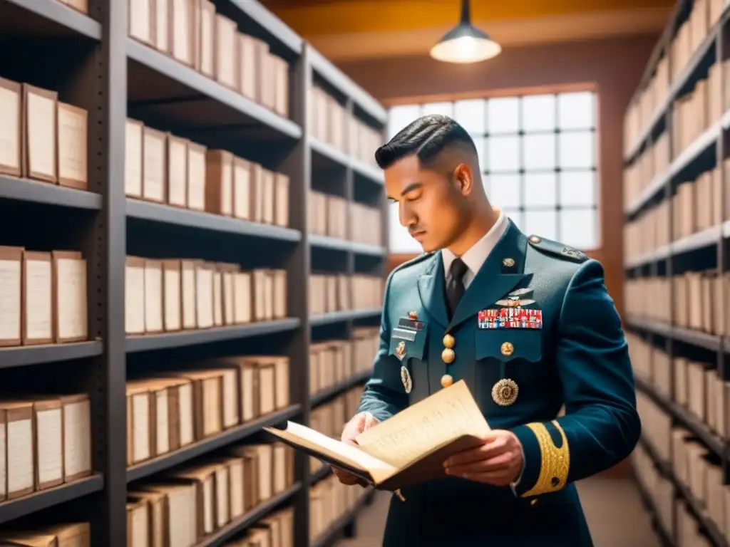 Un archivo polvoriento y tenue lleno de registros militares antiguos, iluminado por rayos de sol