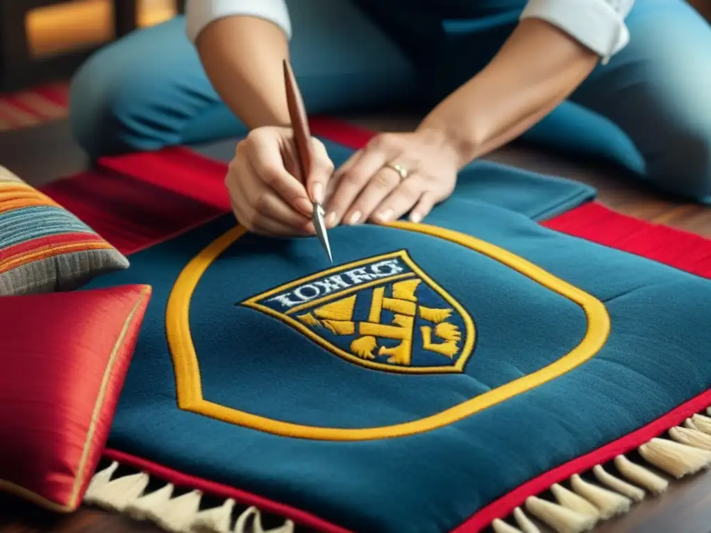 Un artesano hábil crea alfombras personalizadas con escudo de apellido, rodeado de hilos y telas coloridas