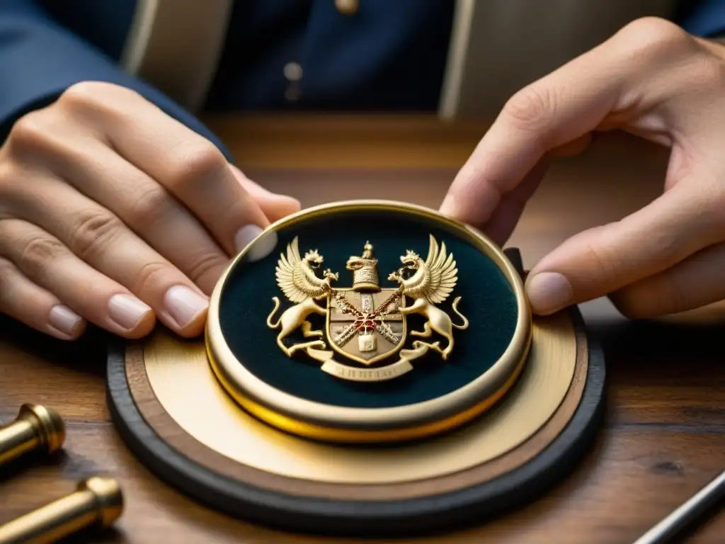 Un artesano detallista graba un escudo familiar en un anillo de oro rodeado de herramientas antiguas en un banco de trabajo de madera