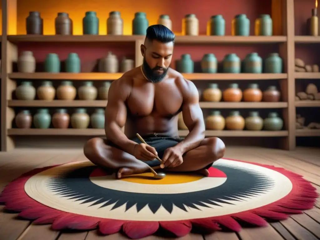 Un artesano indígena pintando un escudo tradicional con patrones geométricos, rodeado de colores vibrantes y herramientas de madera