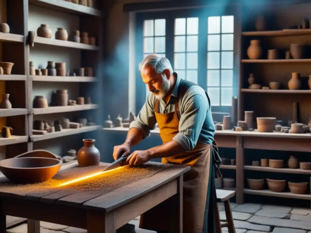 Un artesano medieval talla con esmero una silla ornamental en un taller iluminado por luz cálida, reflejando la evolución del apellido Herrera