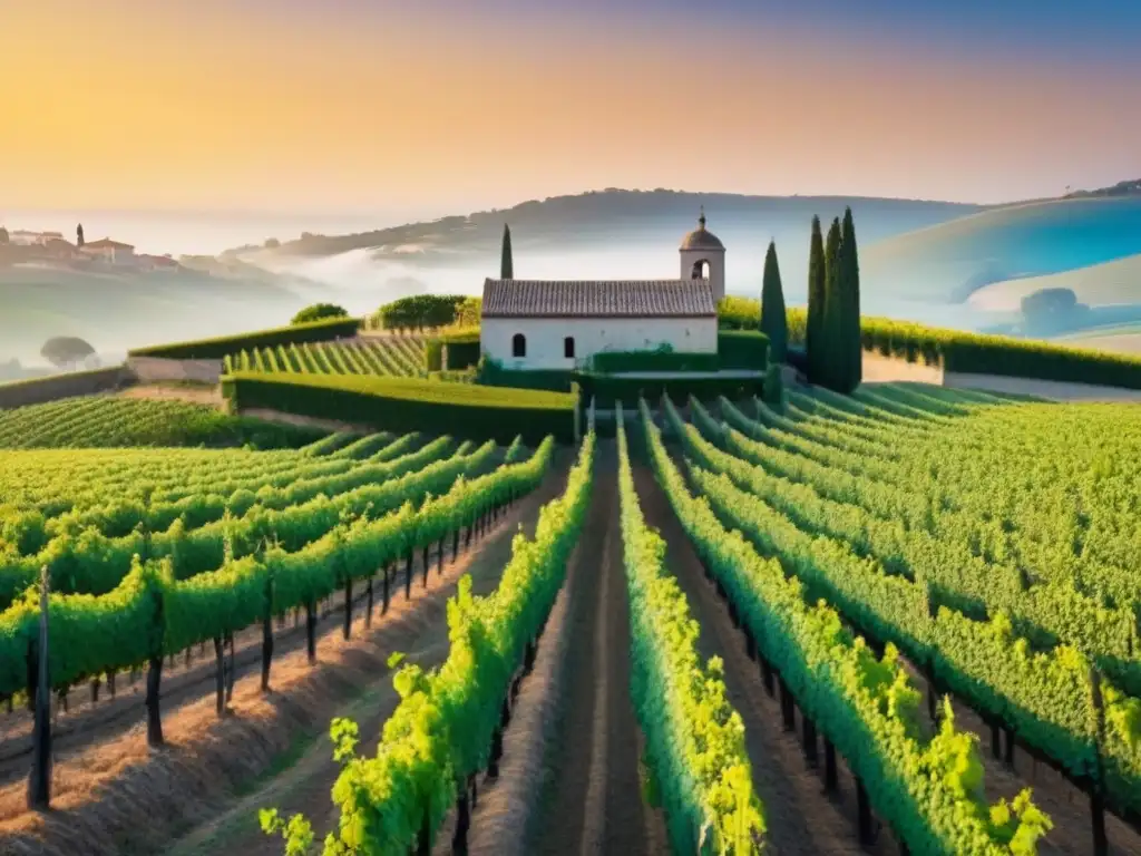 Un atardecer dorado en un viñedo ancestral, con una bodega de piedra