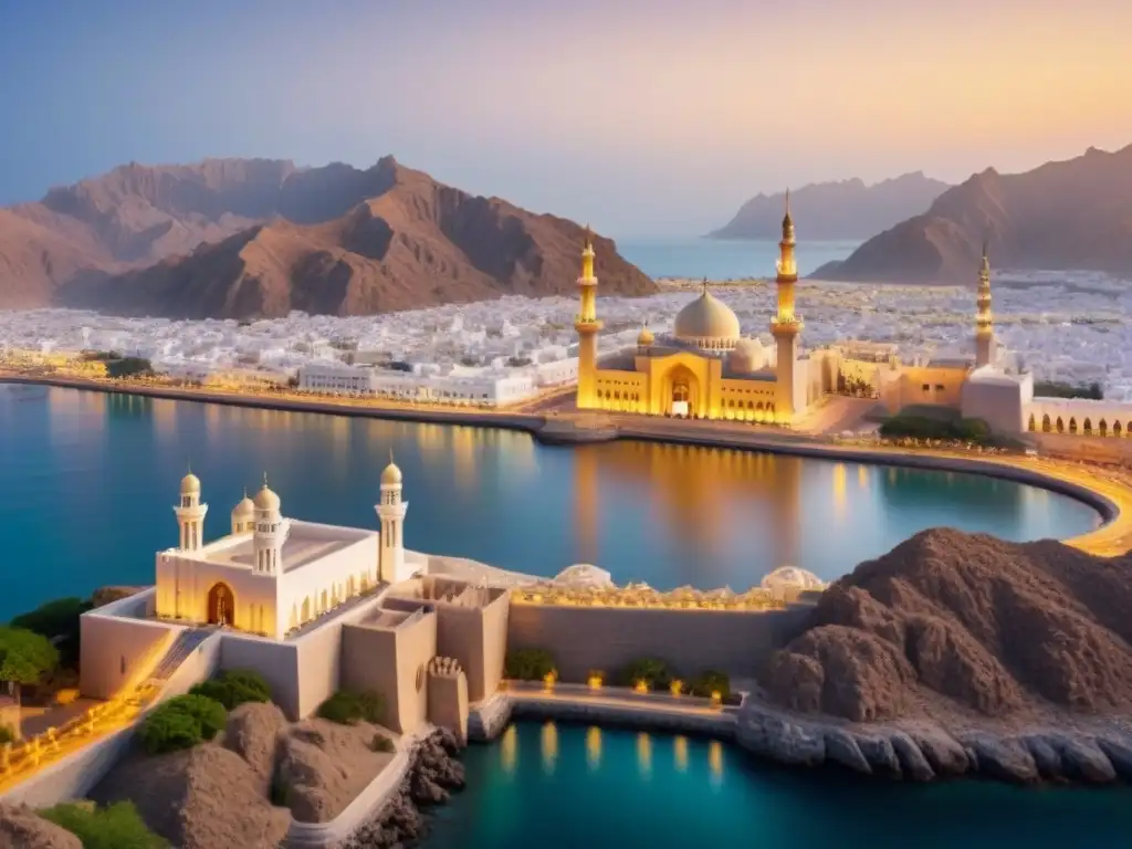 Un atardecer mágico en el puerto antiguo de Muscat, Omán, con la majestuosa Mezquita del Sultán Qaboos brillando bajo el sol dorado, rodeada de montañas y el Golfo de Omán