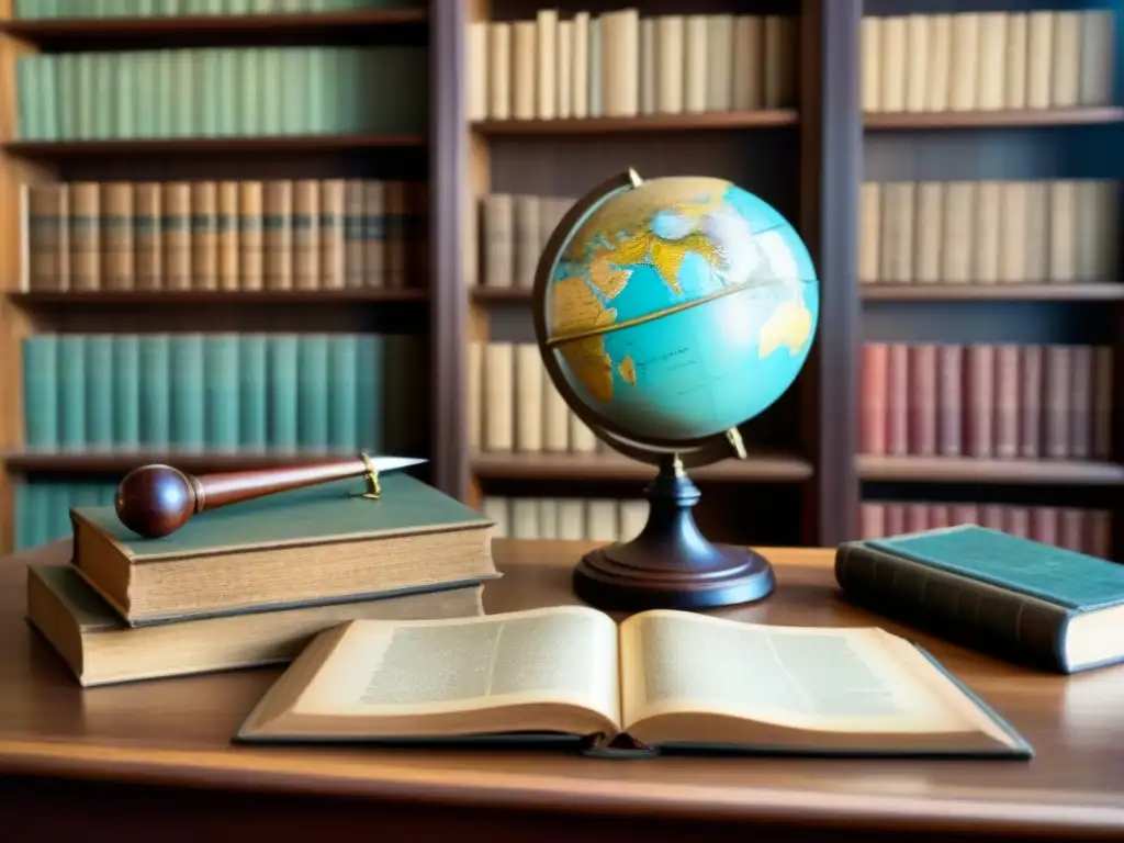 Atmósfera nostálgica y académica en biblioteca antigua con libros polvorientos, globo vintage y herramientas de investigación clásicas