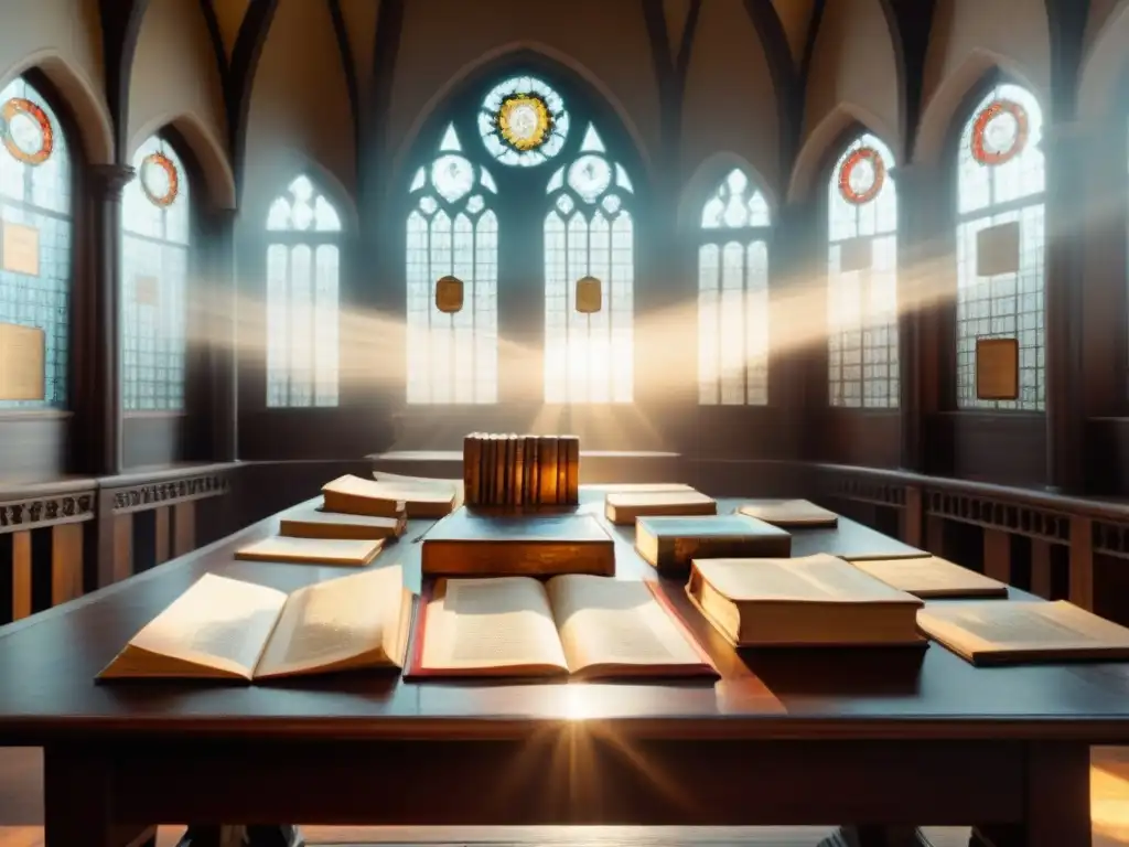 Una biblioteca ancestral llena de sabiduría, con documentos antiguos y rayos de sol iluminando partículas de polvo