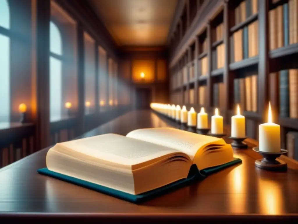 Una biblioteca antigua detallada con rollos y libros iluminados por velas, fusionando historia y tecnología en la era digital