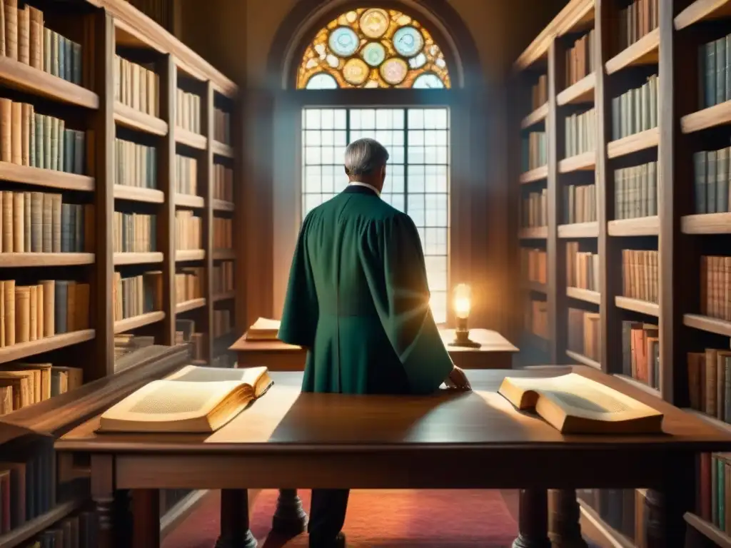 En la biblioteca antigua, un erudito traza un árbol genealógico en un pergamino