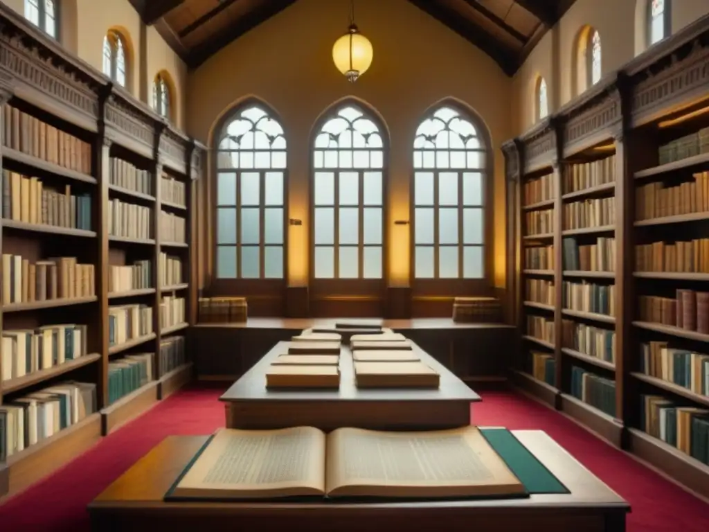 Una biblioteca antigua iluminada por luz cálida, con libros polvorientos y un estante de 'Apellidos con Tradición Histórica T'