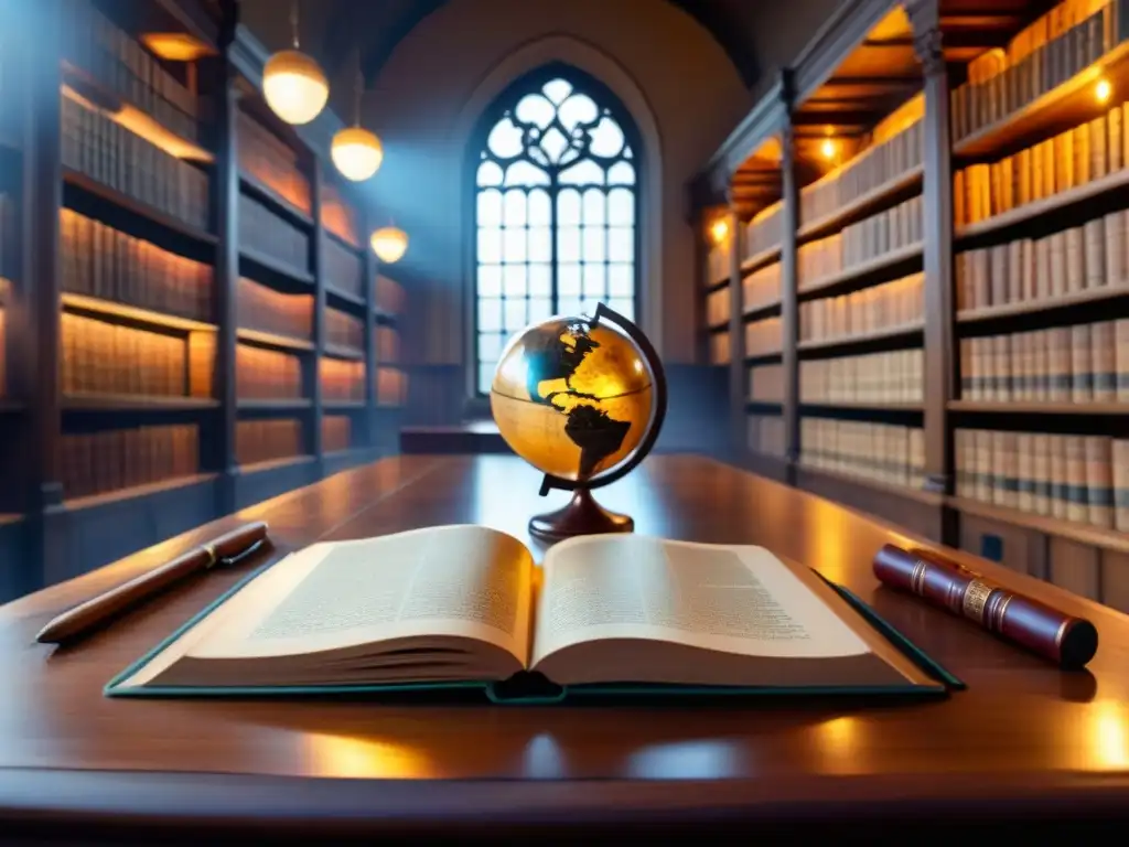 Una biblioteca antigua iluminada por velas, con libros de tapa de cuero y un árbol genealógico