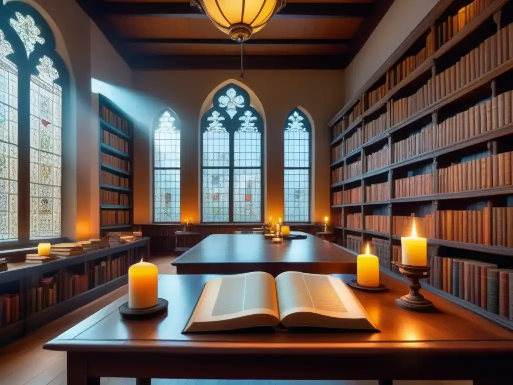 Una biblioteca antigua iluminada por velas, con libros polvorientos y un sabio estudiando un árbol genealógico