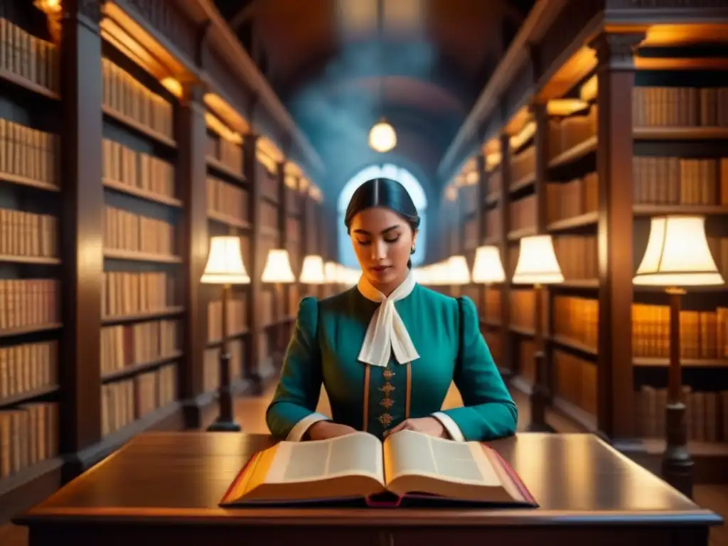 Una biblioteca antigua con el libro 'Historias de Apellidos Sorprendentes', iluminada por lámparas antiguas, llenas de libros y pergaminos