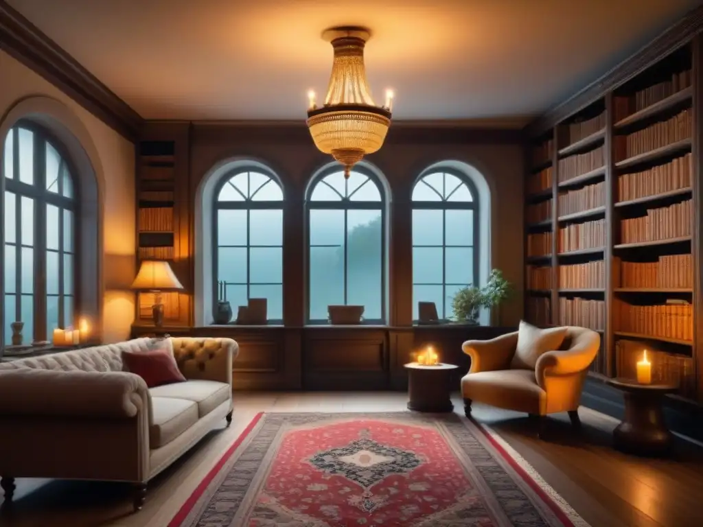 Una biblioteca antigua con libros y una butaca, iluminada por una vela