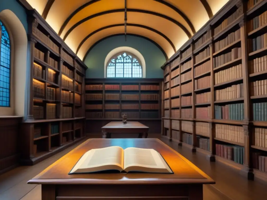 Una biblioteca antigua con libros de cuero, estanterías de madera y frescos, iluminada por rayos de sol, destaca la historia del apellido Cervantes